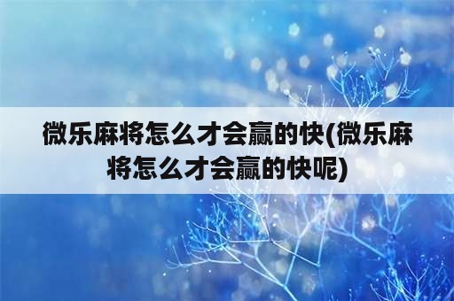 微乐麻将怎么才会赢的快(微乐麻将怎么才会赢的快呢)